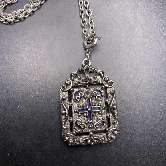 Silver Tone Blue Pendant Necklace Ornate Textured Cross Back Removable Charm - Picture 5 of 6